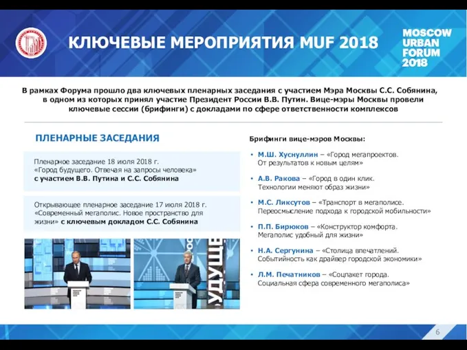 КЛЮЧЕВЫЕ МЕРОПРИЯТИЯ MUF 2018 В рамках Форума прошло два ключевых пленарных заседания