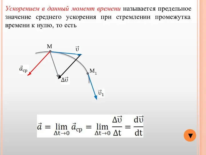 М М1 ▼ Ускорением в данный момент времени называется предельное значение среднего