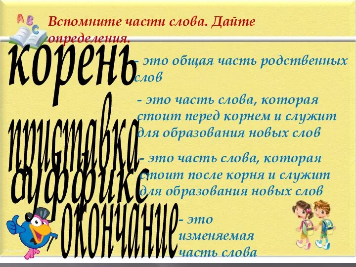 корень суффикс приставка окончание Вспомните части слова. Дайте определения. - это общая