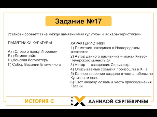 ПАМЯТНИКИ КУЛЬТУРЫ А) «Слово о полку Игореве» Б) «Домострой» В) Донская богоматерь