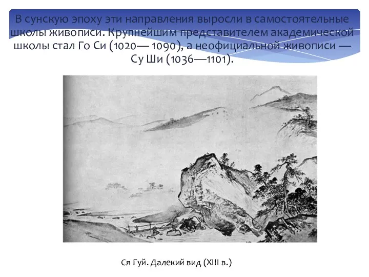 В сунскую эпоху эти направления выросли в самостоятельные школы живописи. Крупнейшим представителем