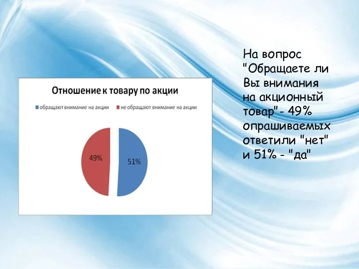 На вопрос "Обращаете ли Вы внимания на акционный товар"- 49% опрашиваемых ответили