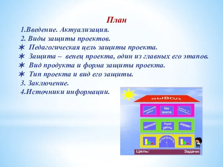 План 1.Введение. Актуализация. 2. Виды защиты проектов. Педагогическая цель защиты проекта. Защита