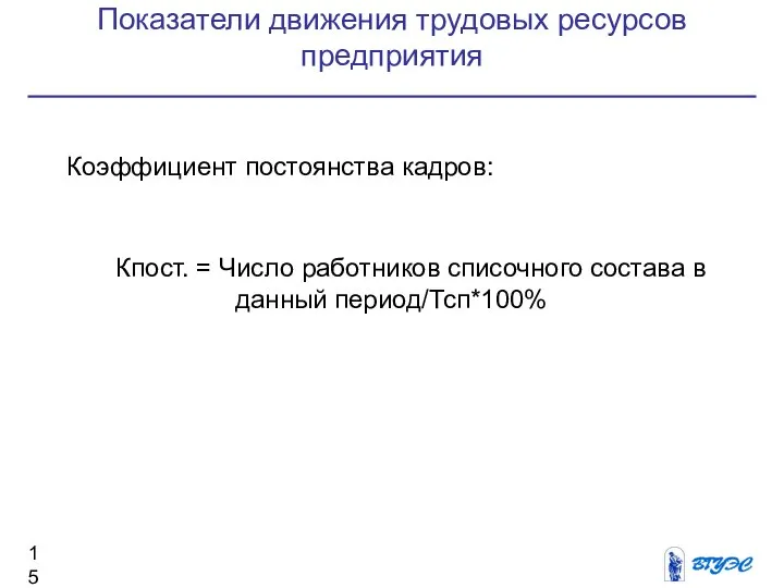 Показатели движения трудовых ресурсов предприятия Коэффициент постоянства кадров: Кпост. = Число работников