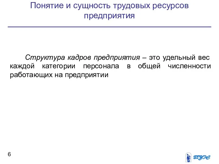 Понятие и сущность трудовых ресурсов предприятия Структура кадров предприятия – это удельный