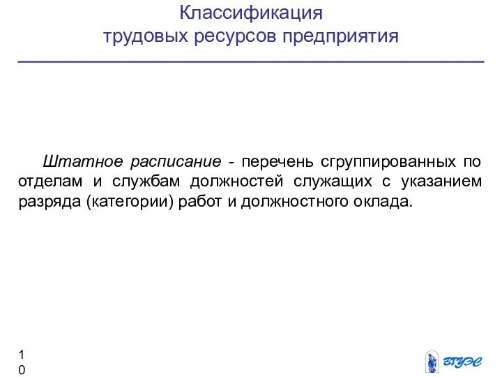 Классификация трудовых ресурсов предприятия Штатное расписание - перечень сгруппированных по отделам и