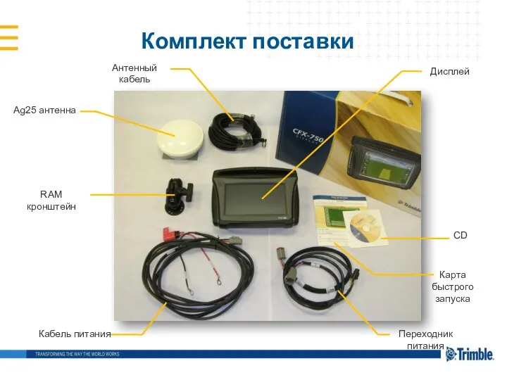 Комплект поставки Переходник питания Кабель питания Ag25 антенна RAM кронштейн CD Карта