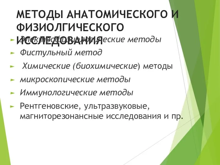 МЕТОДЫ АНАТОМИЧЕСКОГО И ФИЗИОЛГИЧЕСКОГО ИССЛЕДОВАНИЯ Электрофизиологические методы Фистульный метод Химические (биохимические) методы