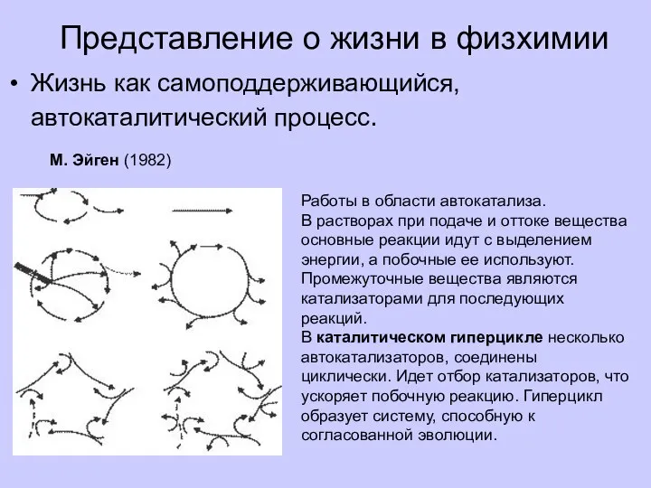 Представление о жизни в физхимии Жизнь как самоподдерживающийся, автокаталитический процесс. Работы в