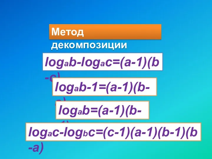 Метод декомпозиции logab-logac=(a-1)(b-c) logab-1=(a-1)(b-a) logab=(a-1)(b-1) logac-logbc=(c-1)(a-1)(b-1)(b-a)