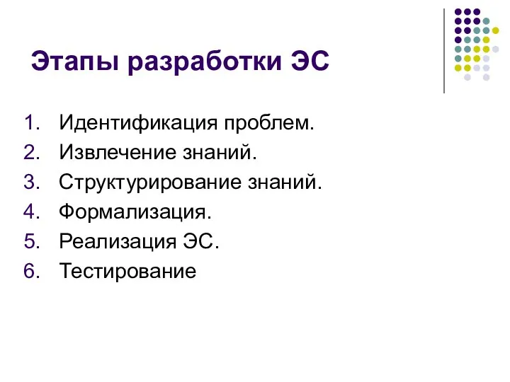 Этапы разработки ЭС Идентификация проблем. Извлечение знаний. Структурирование знаний. Формализация. Реализация ЭС. Тестирование