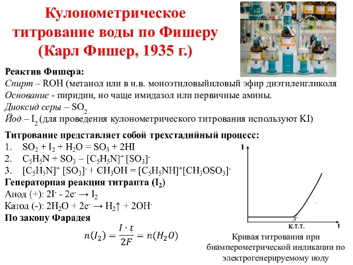 Кулонометрическое титрование воды по Фишеру (Карл Фишер, 1935 г.) Реактив Фишера: Спирт