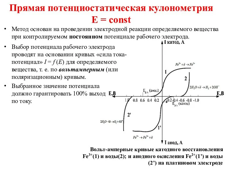 Прямая потенциостатическая кулонометрия E = const Выбор потенциала рабочего электрода проводят на