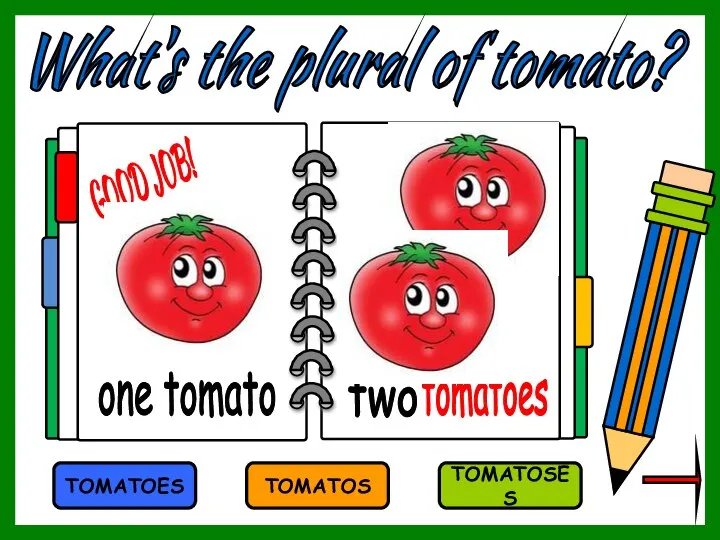 What's the plural of tomato? TOMATOS TOMATOES TOMATOSES tomatoes one tomato two GOOD JOB!