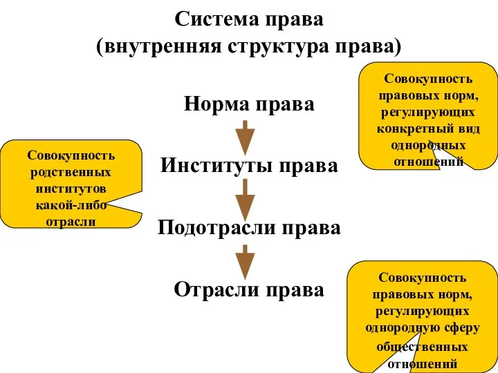 Система права (внутренняя структура права) Норма права Институты права Подотрасли права Отрасли