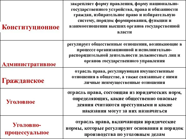 Конституционное Административное Гражданское Уголовное Уголовно- процессуальное