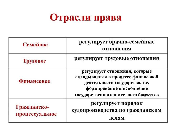 Отрасли права Семейное Финансовое Трудовое Гражданско- процессуальное