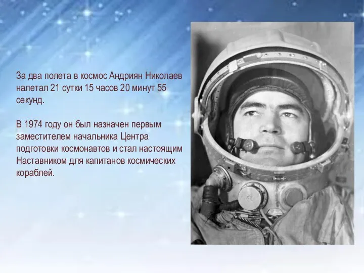 За два полета в космос Андриян Николаев налетал 21 сутки 15 часов