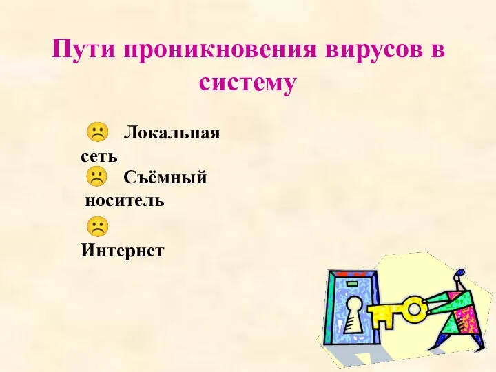 Пути проникновения вирусов в систему ☹ Локальная сеть ☹ Съёмный носитель ☹ Интернет