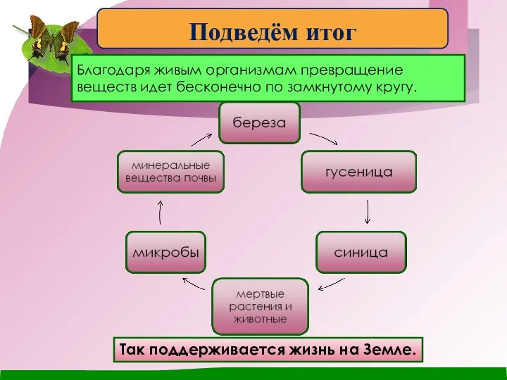 Благодаря живым организмам превращение веществ идет бесконечно по замкнутому кругу. Так поддерживается