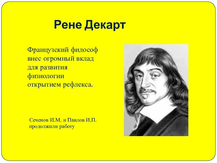 Рене Декарт Французский философ внес огромный вклад для развития физиологии открытием рефлекса.