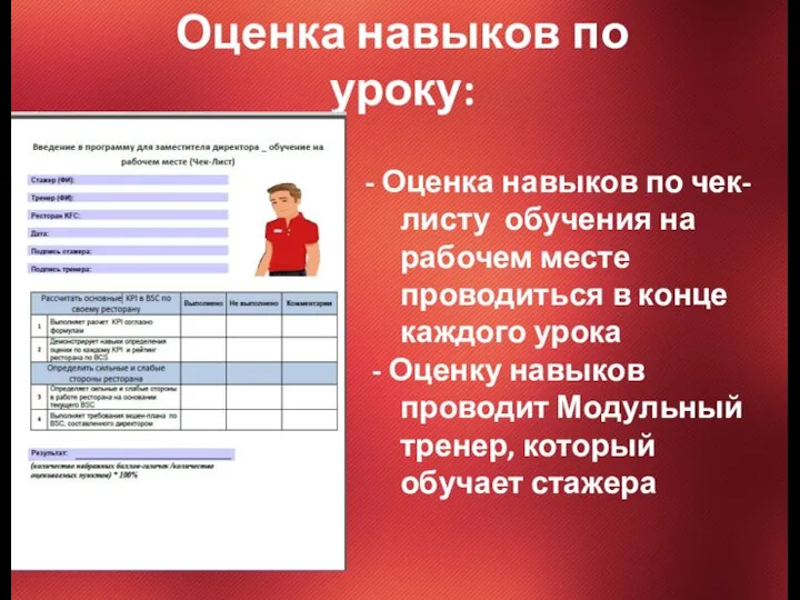 - Оценка навыков по чек-листу обучения на рабочем месте проводиться в конце