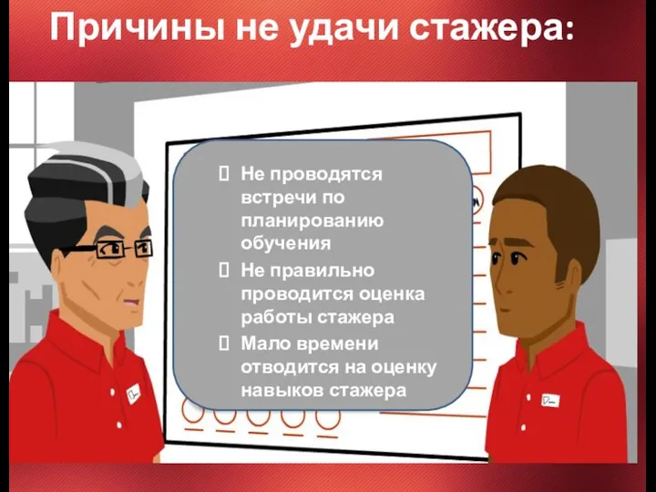 Причины не удачи стажера: Не проводятся встречи по планированию обучения Не правильно