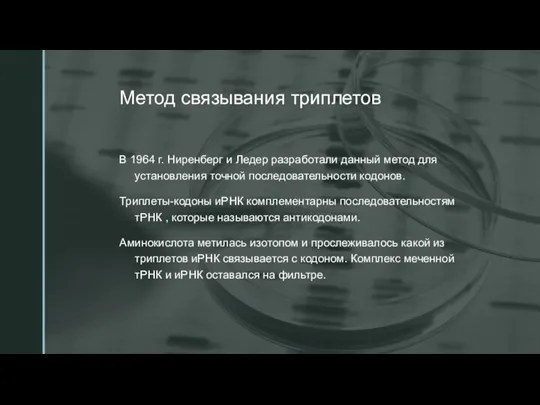 Метод связывания триплетов В 1964 г. Ниренберг и Ледер разработали данный метод