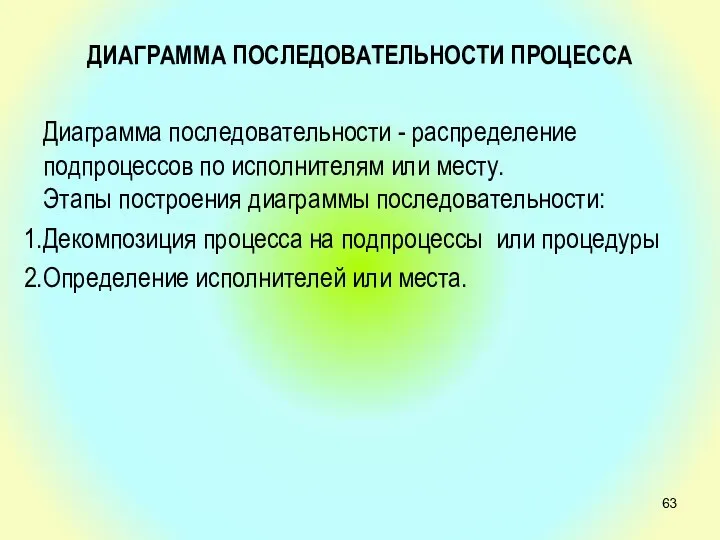 ДИАГРАММА ПОСЛЕДОВАТЕЛЬНОСТИ ПРОЦЕССА Диаграмма последовательности - распределение подпроцессов по исполнителям или месту.