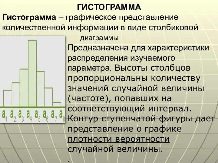 ГИСТОГРАММА Гистограмма – графическое представление количественной информации в виде столбиковой диаграммы. Предназначена