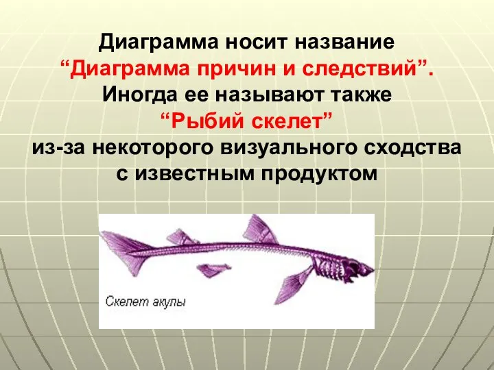 Диаграмма носит название “Диаграмма причин и следствий”. Иногда ее называют также “Рыбий