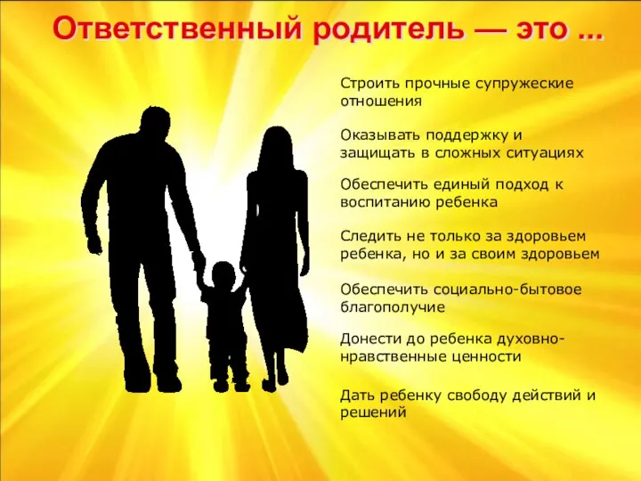 Ответственный родитель — это ... Строить прочные супружеские отношения Оказывать поддержку и