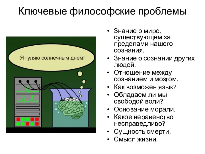 Ключевые философские проблемы Знание о мире, существующем за пределами нашего сознания. Знание