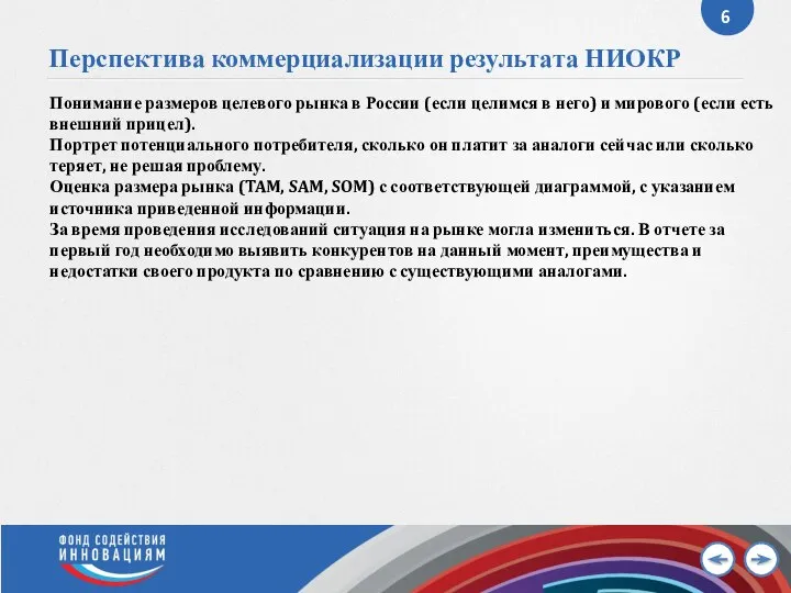 Перспектива коммерциализации результата НИОКР Понимание размеров целевого рынка в России (если целимся