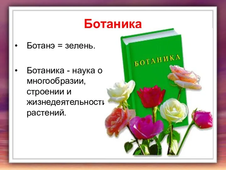 Ботаника Ботанэ = зелень. Ботаника - наука о многообразии, строении и жизнедеятельности растений.