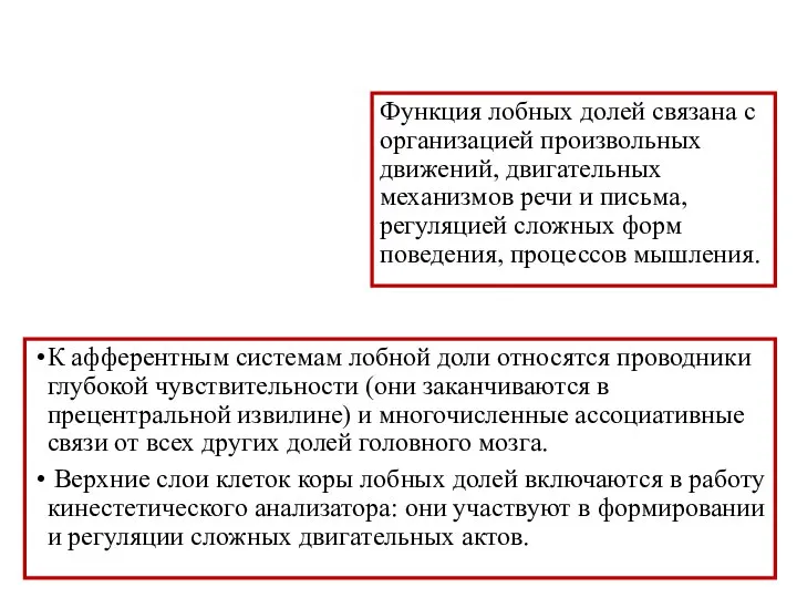 Функция лобных долей связана с организацией произвольных движений, двигательных механизмов речи и