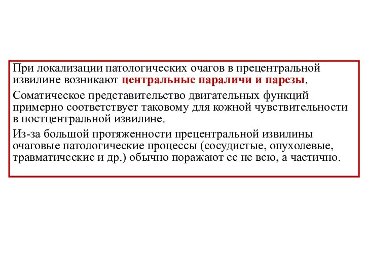 При локализации патологических очагов в прецентральной извилине возникают центральные параличи и парезы.