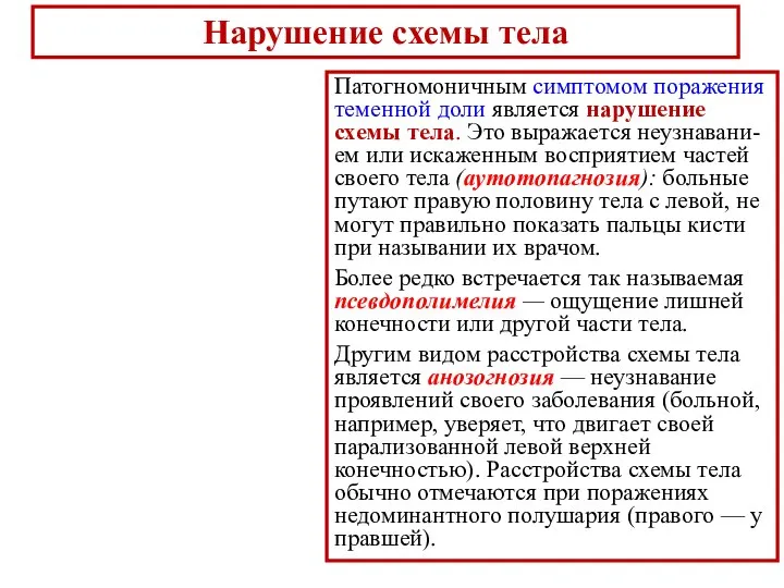 Нарушение схемы тела Патогномоничным симптомом поражения теменной доли является нарушение схемы тела.