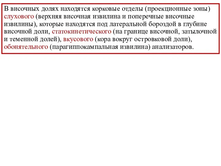 В височных долях находятся корковые отделы (проекционные зоны) слухового (верхняя височная извилина