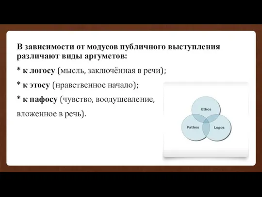 В зависимости от модусов публичного выступления различают виды аргуметов: * к логосу