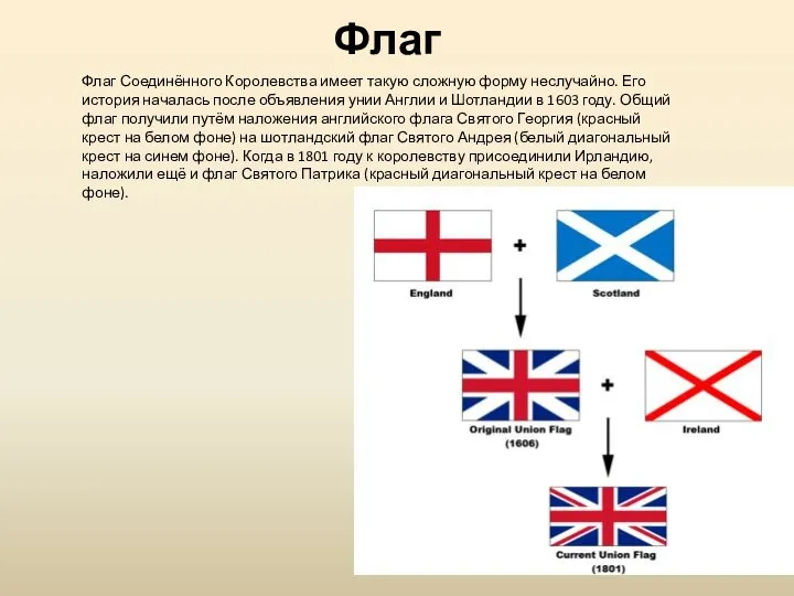 Флаг Флаг Соединённого Королевства имеет такую сложную форму неслучайно. Его история началась