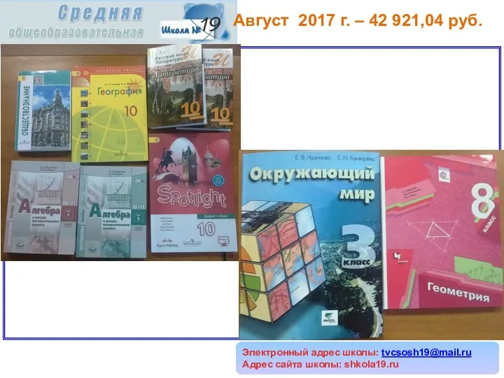 Электронный адрес школы: tvcsosh19@mail.ru Адрес сайта школы: shkola19.ru Август 2017 г. – 42 921,04 руб.