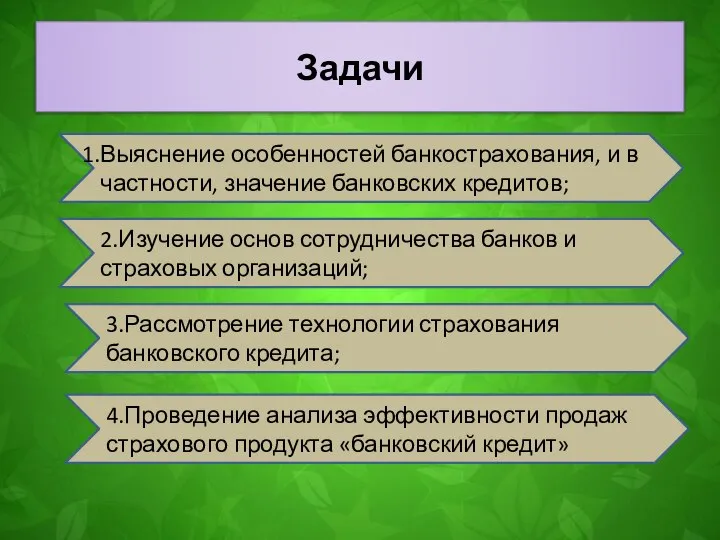 Задачи Выяснение особенностей банкострахования, и в частности, значение банковских кредитов; 2.Изучение основ