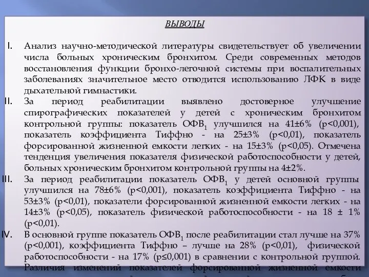 ВЫВОДЫ Анализ научно-методической литературы свидетельствует об увеличении числа больных хроническим бронхитом. Среди