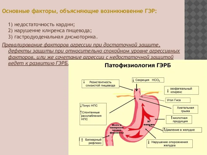 Основные факторы, объясняющие возникновение ГЭР: 1) недостаточность кардии; 2) нарушение клиренса пищевода;