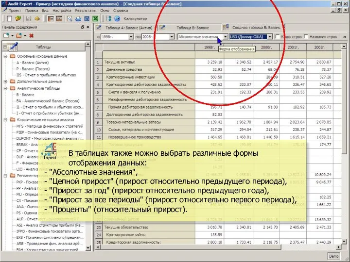 В таблицах также можно выбрать различные формы отображения данных: - "Абсолютные значения",