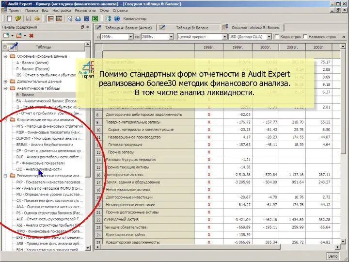 Помимо стандартных форм отчетности в Audit Expert реализовано более30 методик финансового анализа.