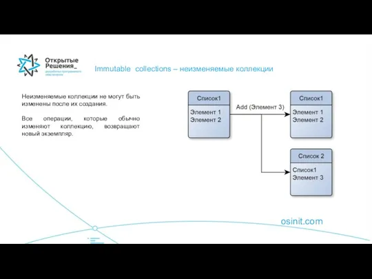 osinit.com Immutable collections – неизменяемые коллекции Неизменяемые коллекции не могут быть изменены
