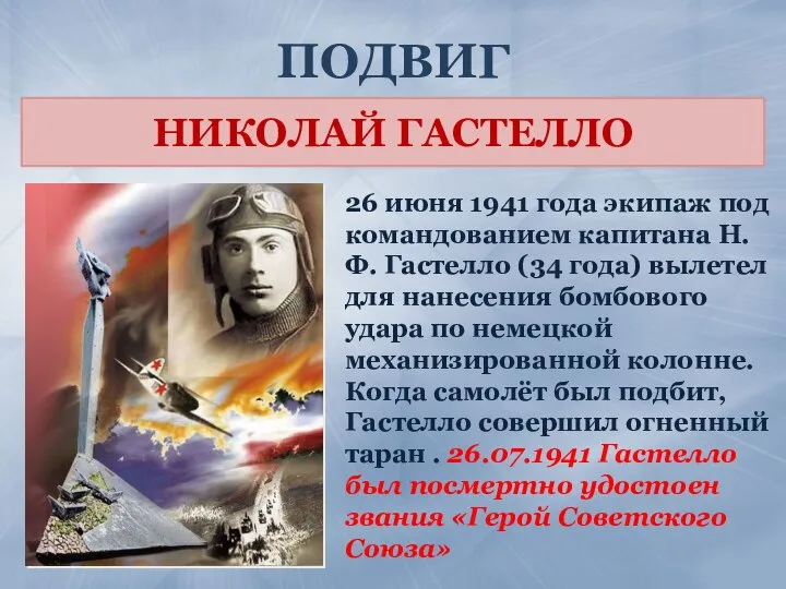 ПОДВИГ 26 июня 1941 года экипаж под командованием капитана Н. Ф. Гастелло