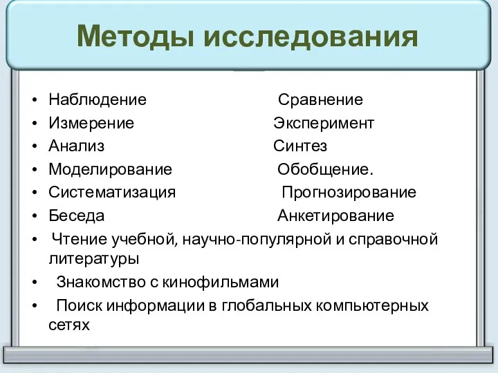 Методы исследования Наблюдение Сравнение Измерение Эксперимент Анализ Синтез Моделирование Обобщение. Систематизация Прогнозирование